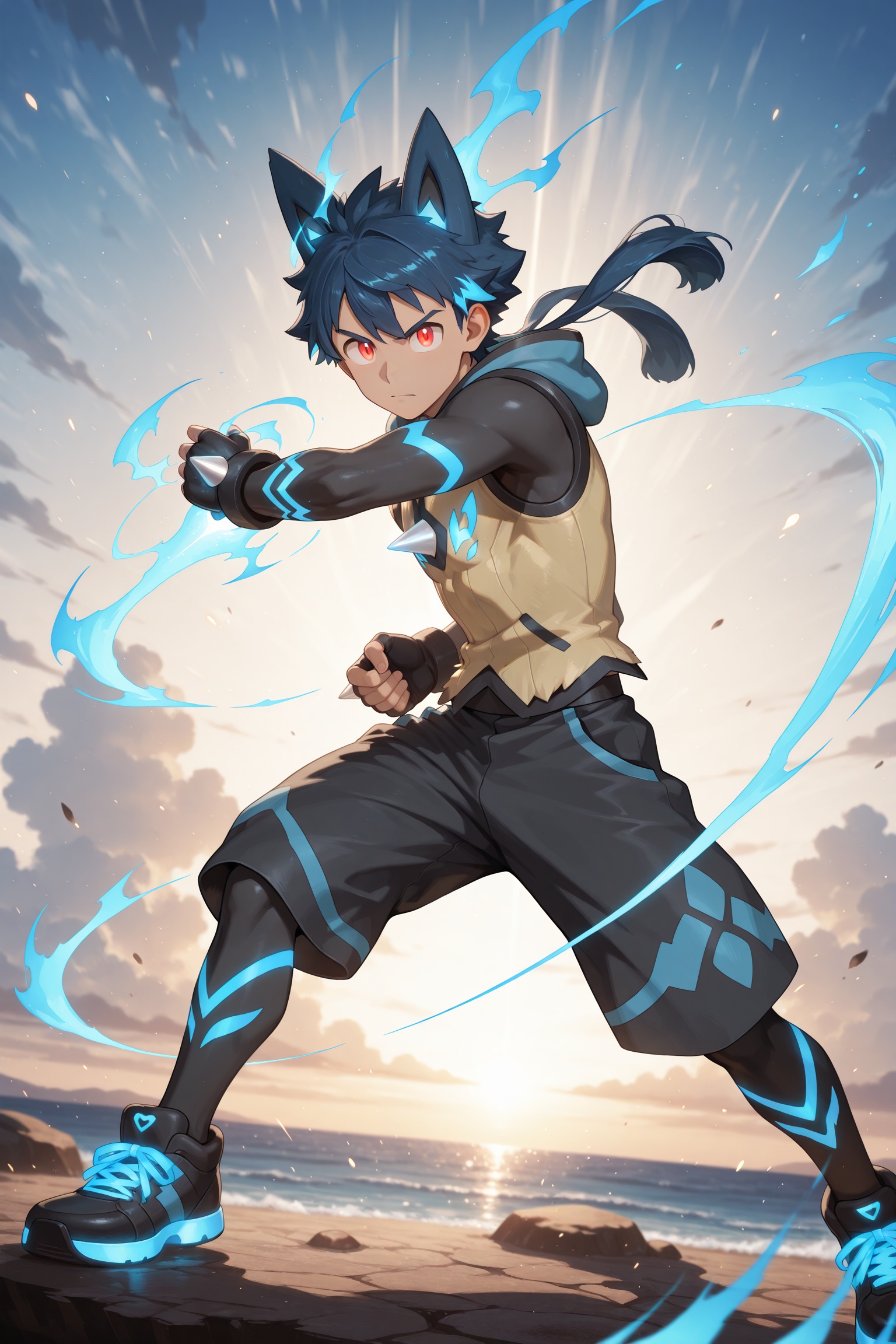 A male human boy with a handsome,  natural face and red eyes wears a Lucario-themed outfit: a yellow furry sleeveless vest...