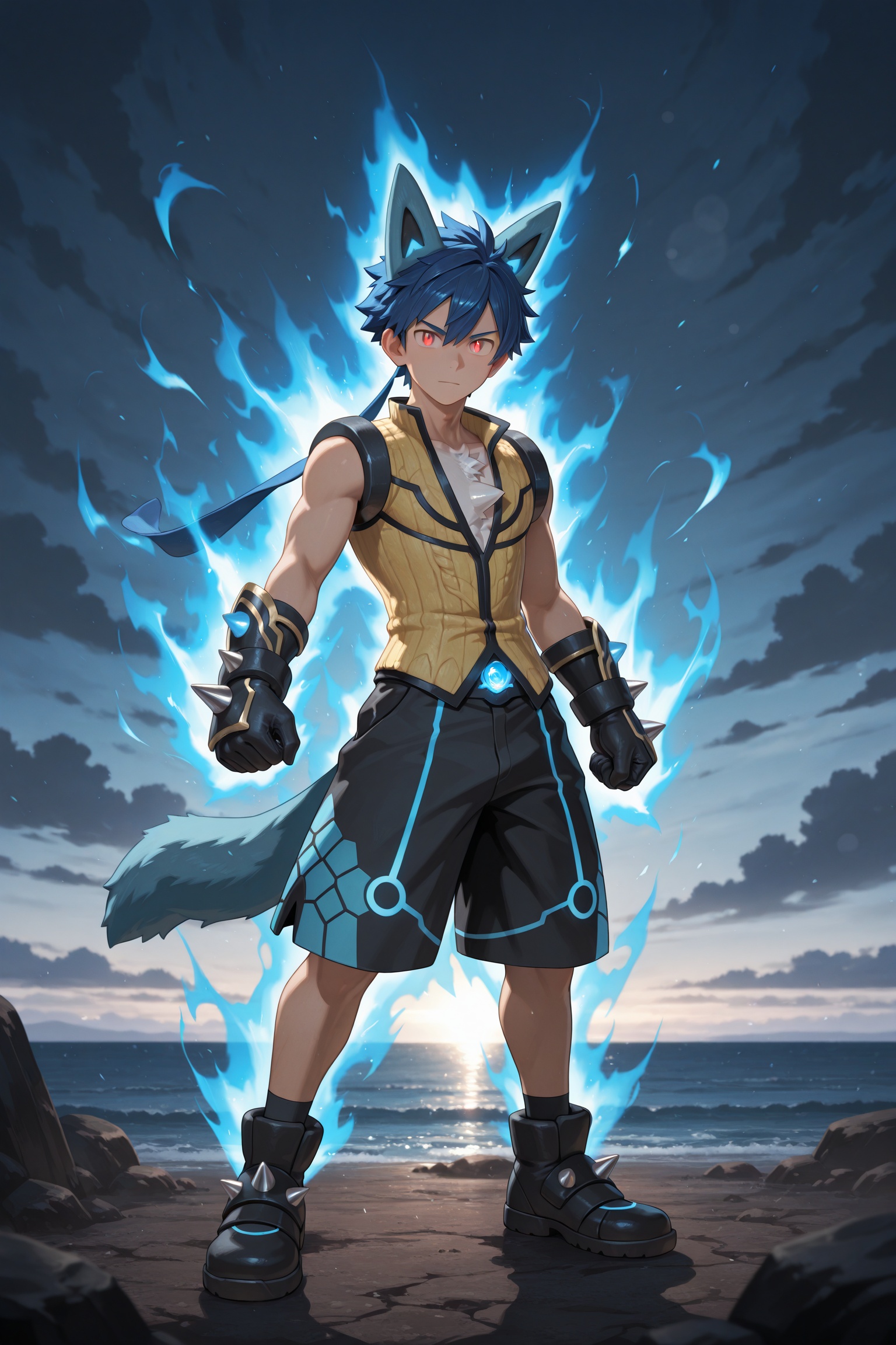 A teenage boy with a human face wears a yellow sleeveless animal fur vest with a central spike,  spiked wristbands,  baggy...