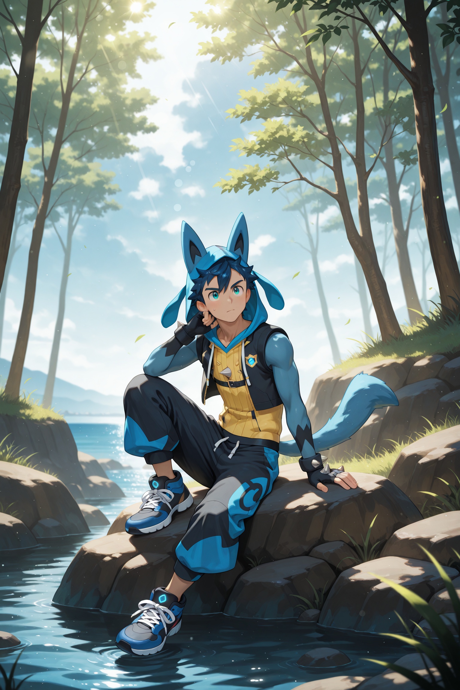 A male human boy with a lucario hoodie and human face sits on a large rock by the river,  wearing a yellow furry sleeveles...