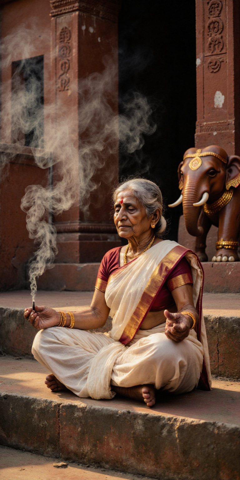 Hyper-detailed portrait of an elderly South Indian woman in a lotus pose on ancient temple steps in Tamil Nadu. Early morn...
