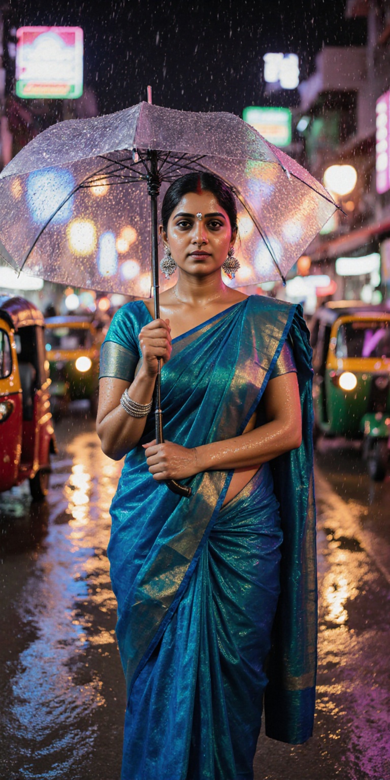 Vivid,  photorealistic portrait of a young Indian woman in Mumbai at dusk,  standing beneath glowing streetlights on a rai...