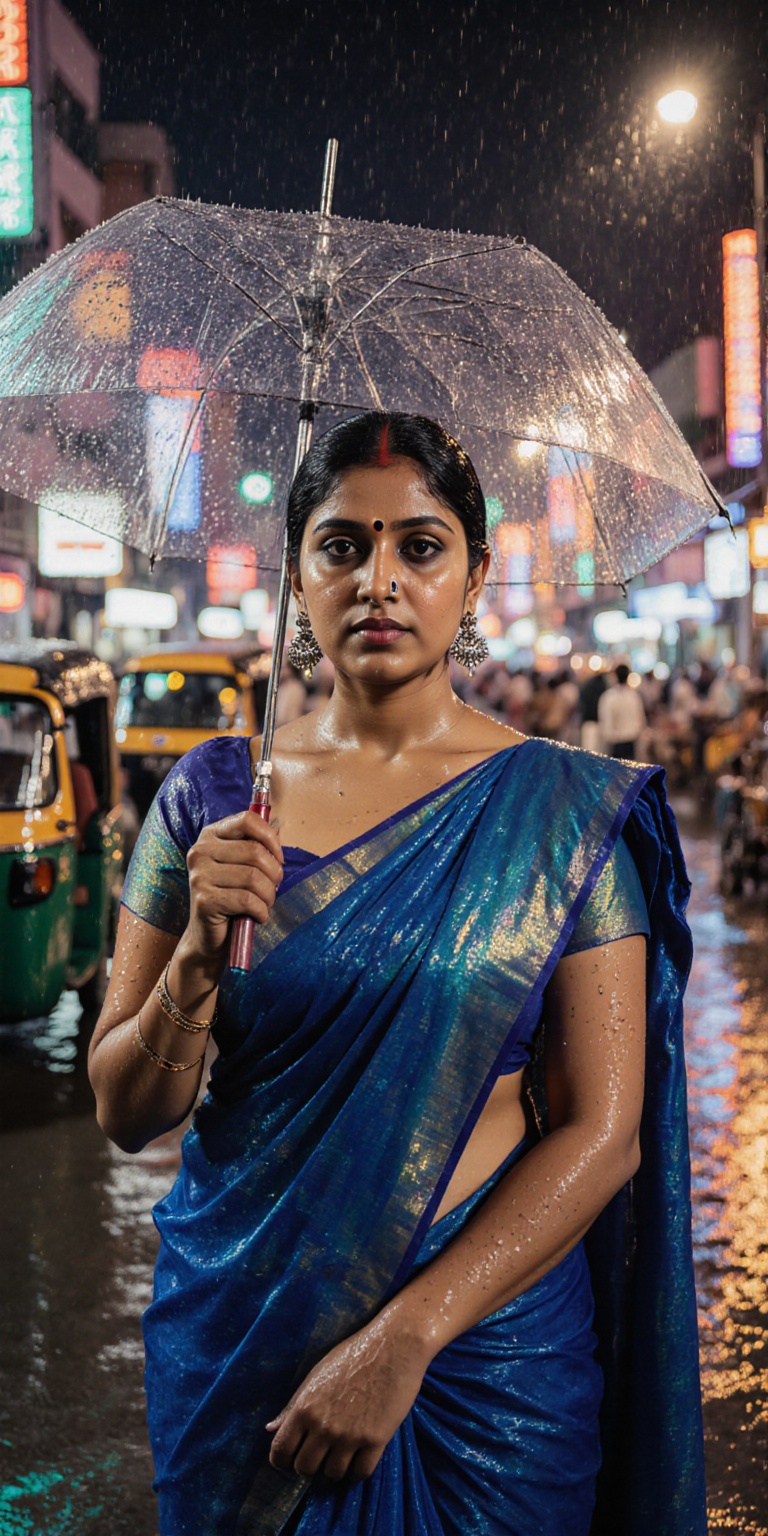 Vivid,  photorealistic portrait of a young Indian woman in Mumbai at dusk,  standing beneath glowing streetlights on a rai...