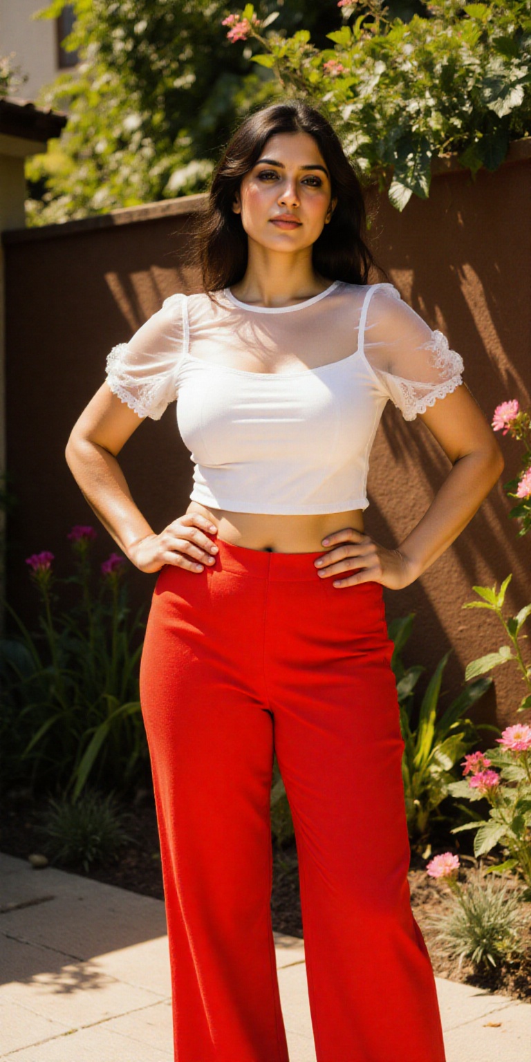 The image shows a person standing outdoors,  with a garden or greenery in the background. The individual is wearing a whit...