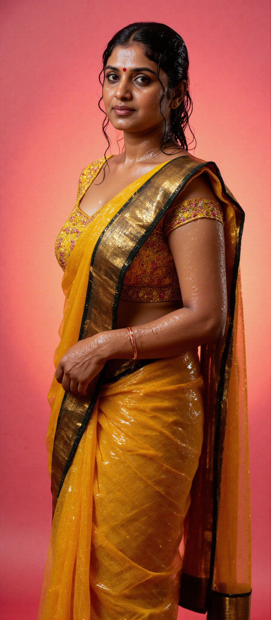 The image shows a person wearing a yellow embroidery bra and a traditional saree with a black and gold border. The saree i...