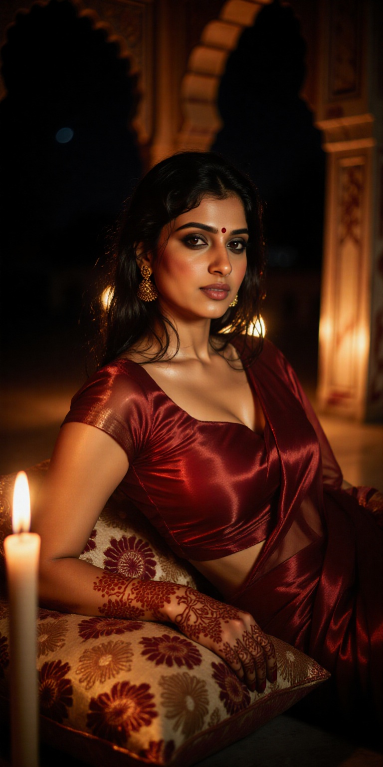 Seductive,  cinematic portrait of an Indian woman draped in a deep red silk saree,  reclining gracefully on plush cushions...