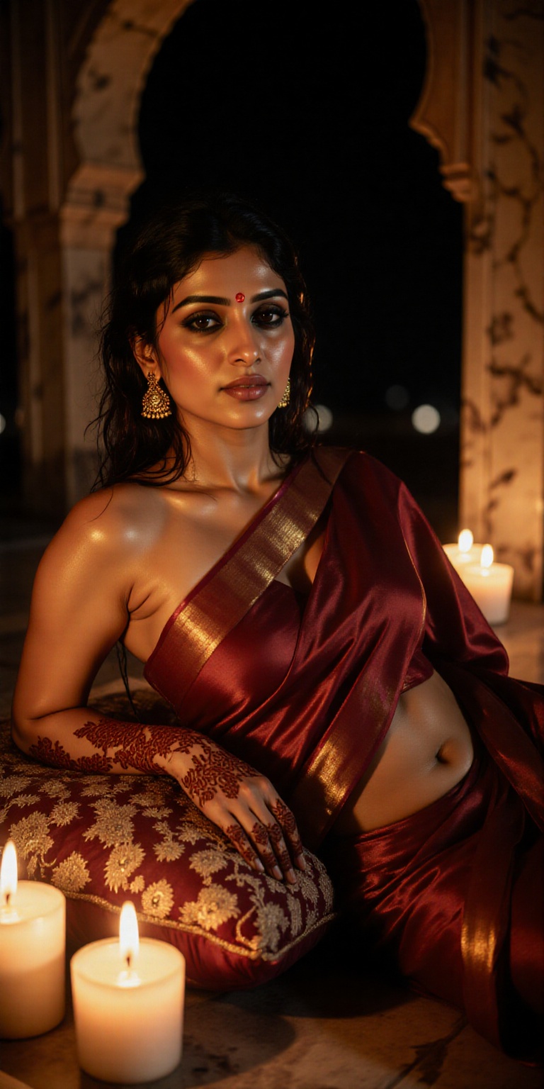Seductive,  cinematic portrait of an Indian woman draped in a deep red silk saree,  reclining gracefully on plush cushions...