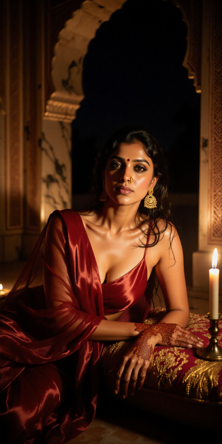 Seductive,  cinematic portrait of an Indian woman draped in a deep red silk saree,  reclining gracefully on plush cushions...