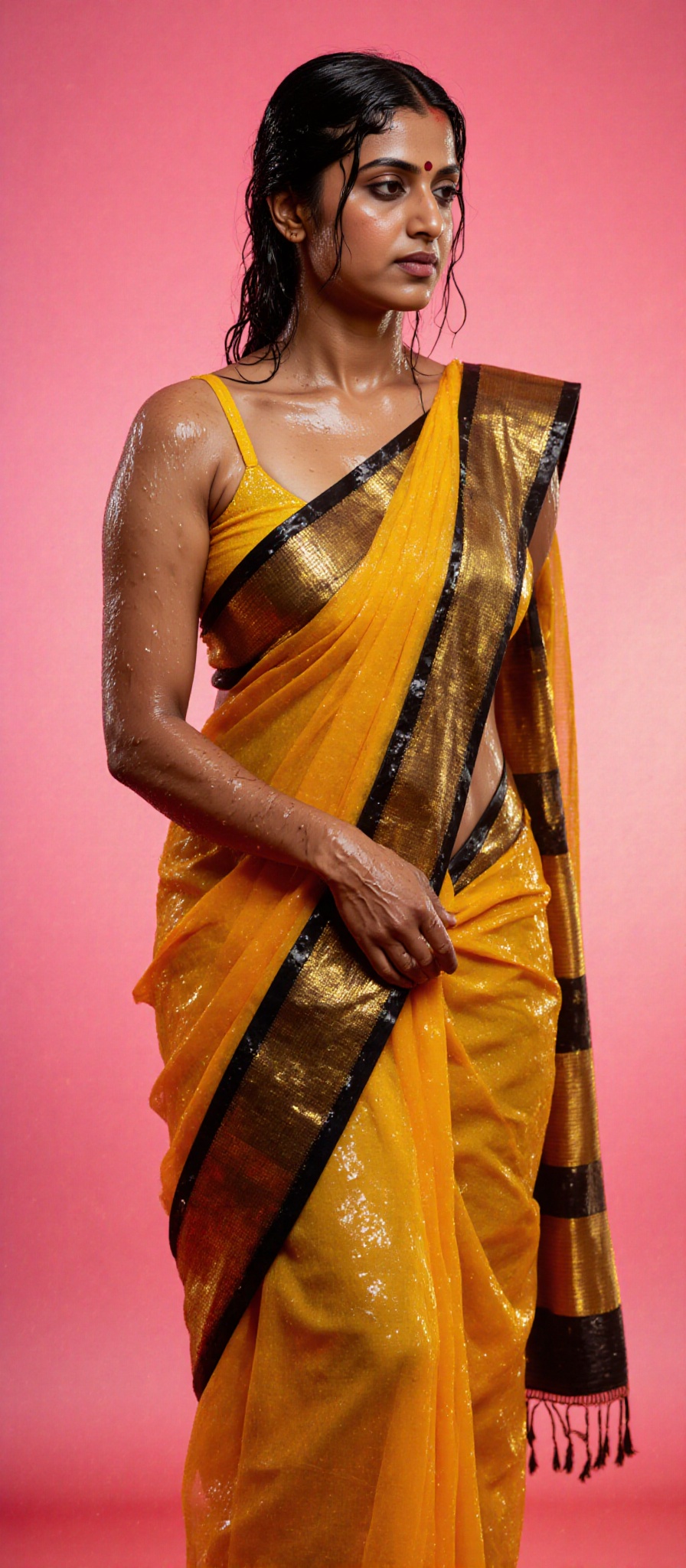 The image shows a person wearing a yellow sports bra and a traditional saree with a black and gold border. The saree is dr...