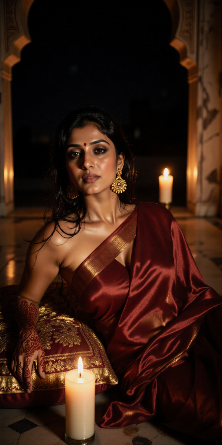 Seductive,  cinematic portrait of an Indian woman draped in a deep red silk saree,  reclining gracefully on plush cushions...