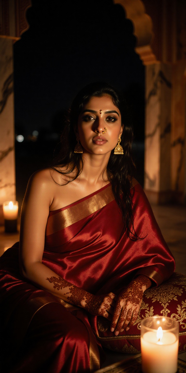 Seductive,  cinematic portrait of an Indian woman draped in a deep red silk saree,  reclining gracefully on plush cushions...