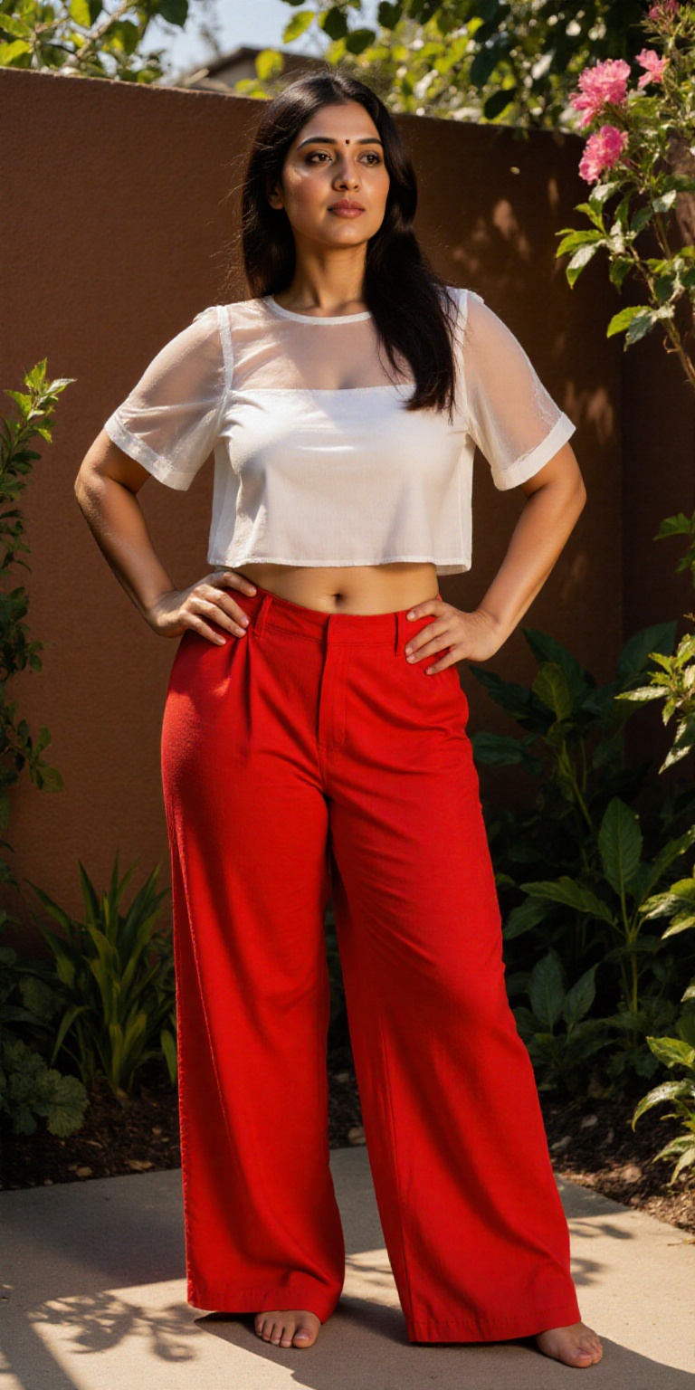 The image shows a person standing outdoors,  with a garden or greenery in the background. The individual is wearing a whit...