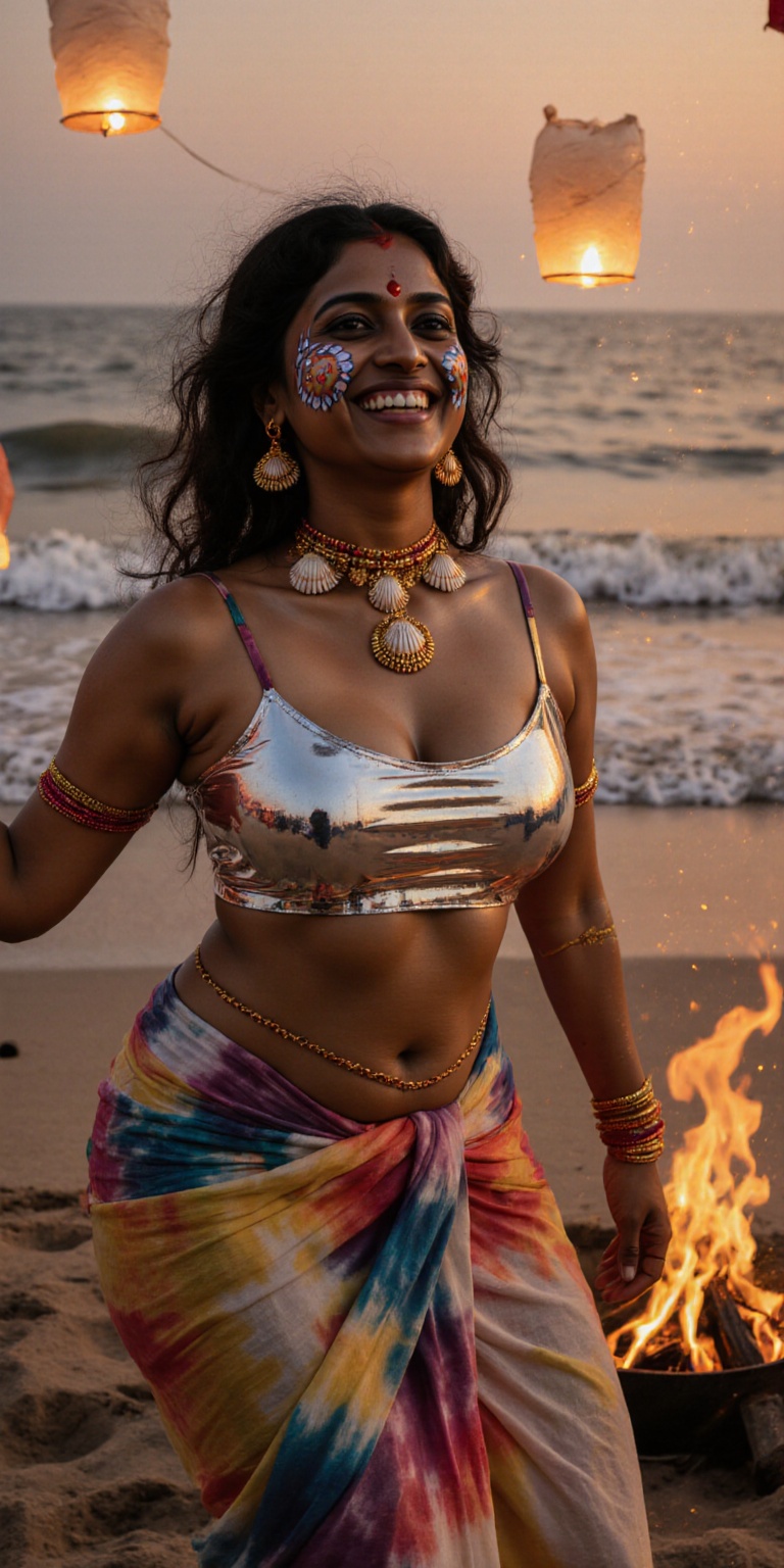 Boho-chic portrait of a joyful Indian woman at a Goa beach festival during twilight,  surrounded by floating lanterns and...