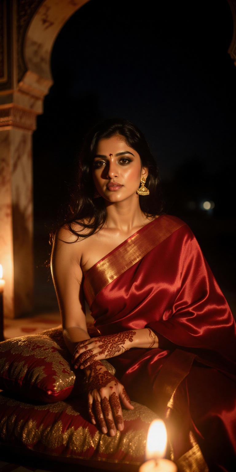 Seductive,  cinematic portrait of an Indian woman draped in a deep red silk saree,  reclining gracefully on plush cushions...