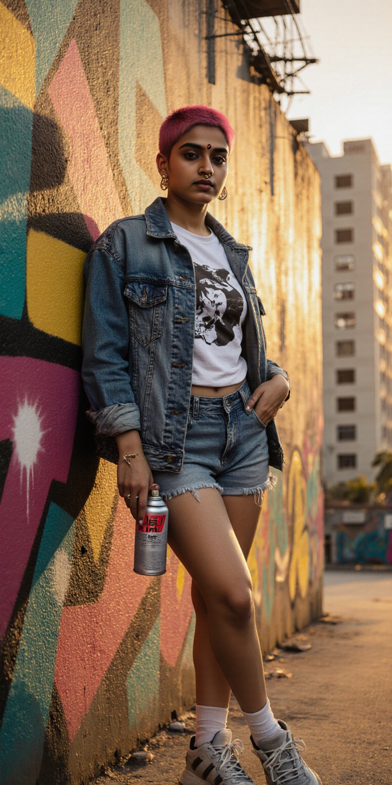 Futuristic urban portrait of a bold Indian teenager leaning against a mural-covered wall,  spray can in hand,  vibrant gra...