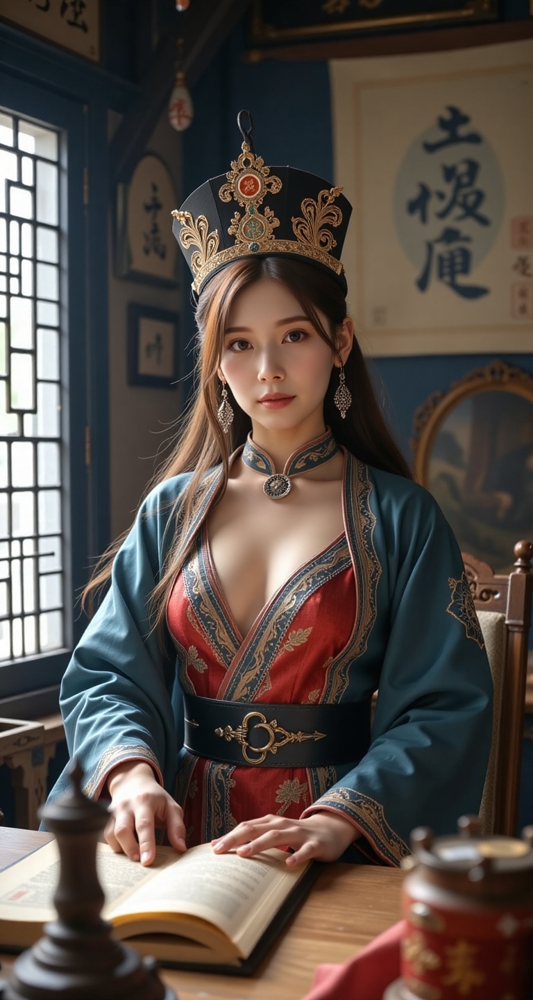 1girl solo looking at viewer lagre breasts long hair long sleeves hat indoors book colored skin table robe scroll chinese...