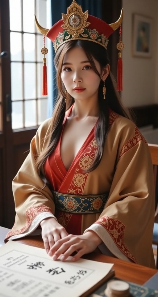 1girl solo looking at viewer lagre breasts long hair long sleeves hat indoors book colored skin table robe scroll chinese...