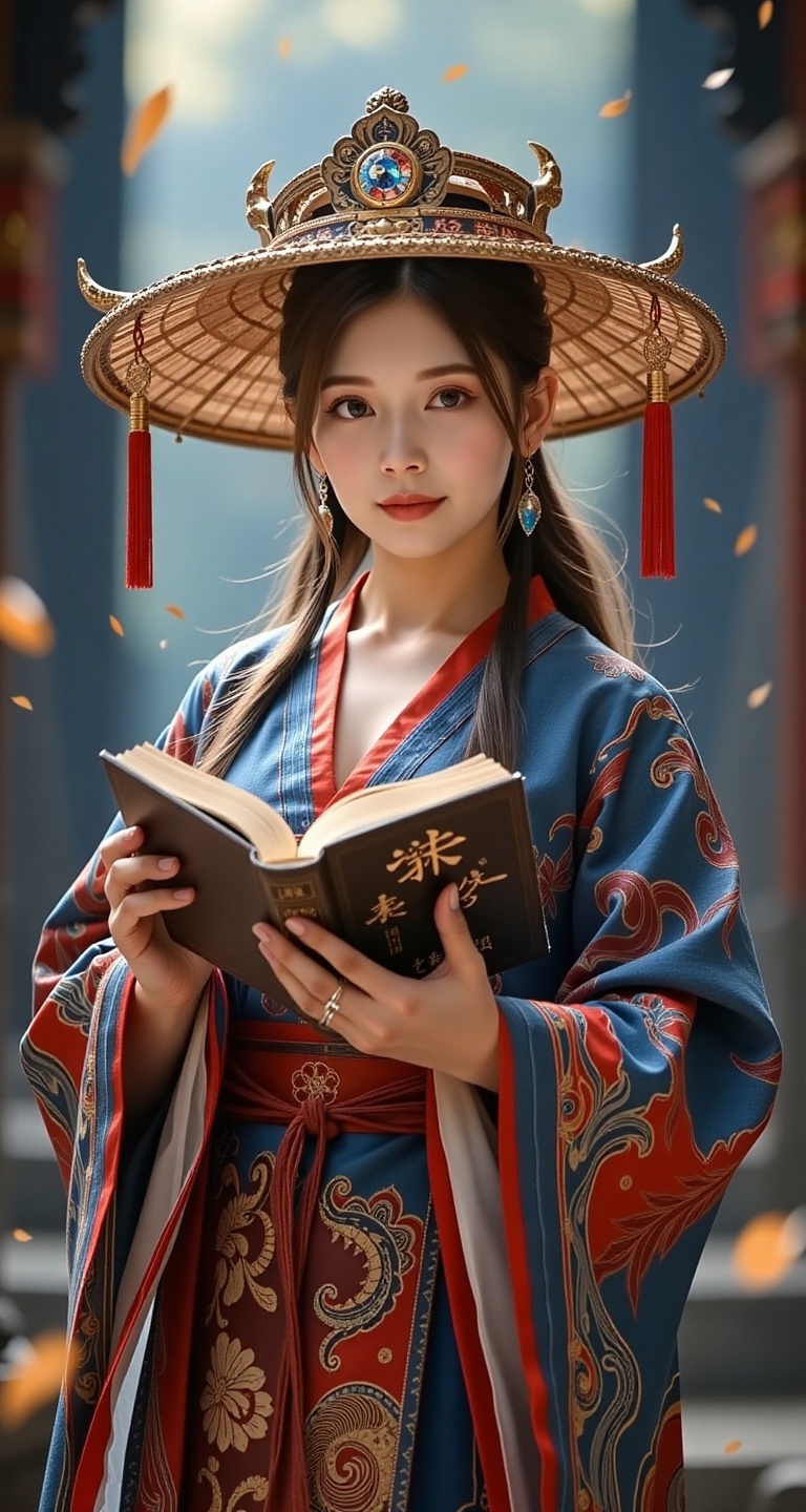 1girl solo looking at viewer lagre breasts long hair long sleeves hat holding wide sleeves book facing viewer holding book...