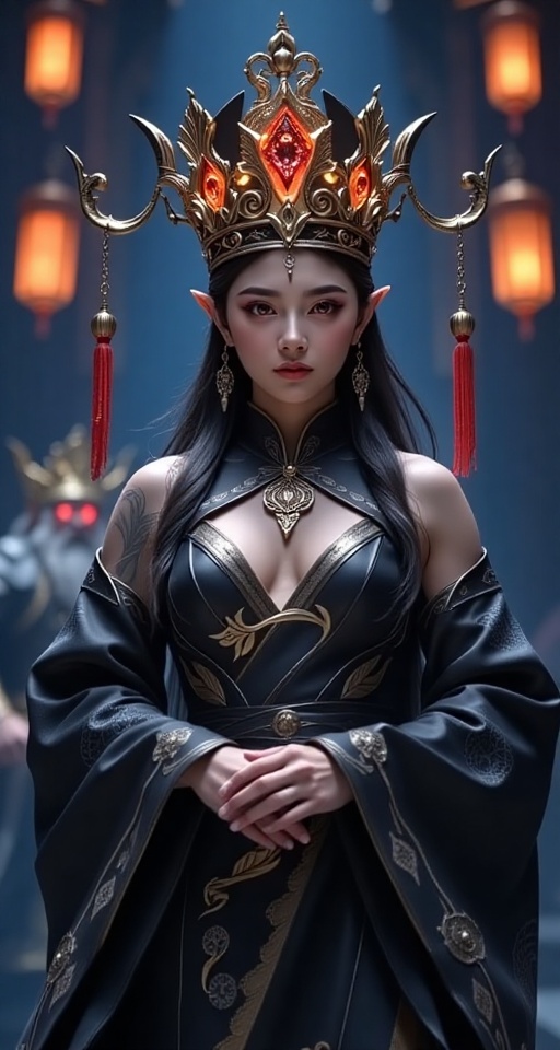 1girl solo looking at viewer lagre breasts solo red eyes long sleeves hat wide sleeves glowing crown glowing eyes robe bla...