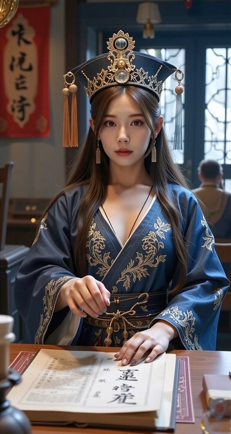 1girl solo looking at viewer lagre breasts long hair long sleeves hat holding indoors book colored skin table robe paper b...