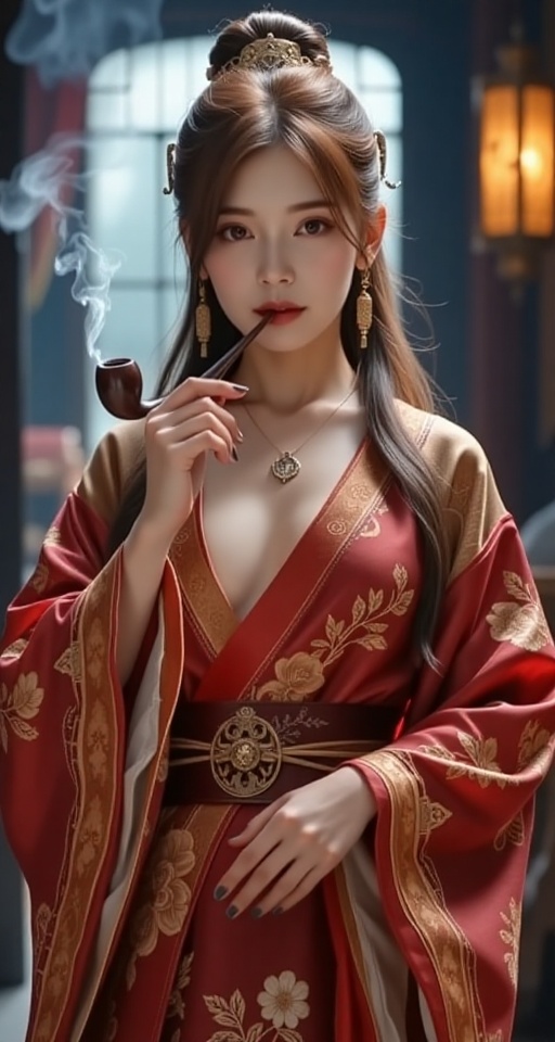 1girl solo looking at viewer lagre breasts long hair long sleeves holding robe smoking pipe chinese clothes,  ak@ri on Ten...