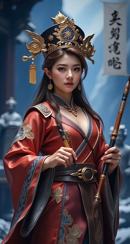 1girl solo looking at viewer lagre breasts solo hat glowing glowing eyes robe paintbrush scroll statue calligraphy brush c...