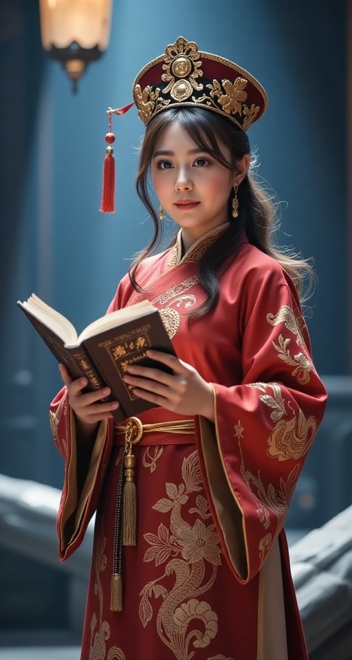 1girl solo looking at viewer hat holding book robe scroll chinese clothes ,  tachi on Tensor.Art