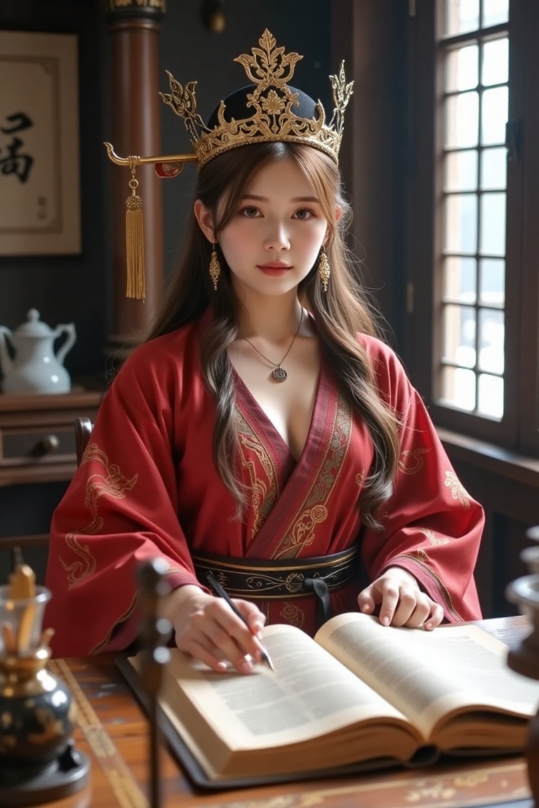 1girl solo looking at viewer lagre breasts long hair long sleeves hat indoors book colored skin table robe scroll chinese...