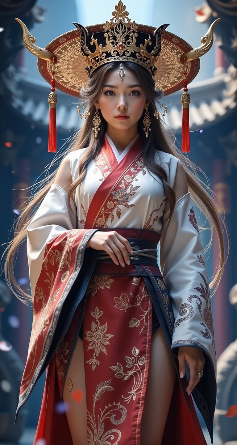 1girl solo looking at viewer lagre breasts long hair long sleeves hat wide sleeves facing viewer robe covered face thighs...