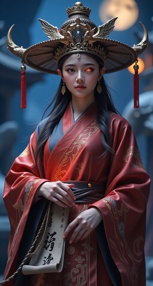 1girl solo looking at viewer lagre breasts solo hat glowing glowing eyes robe scroll statue chinese clothes,  twbg on Tens...