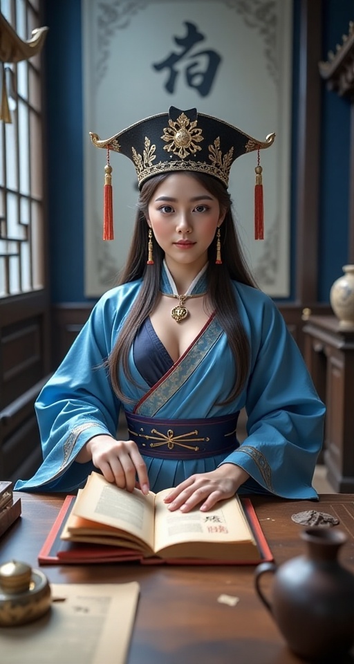 1girl solo looking at viewer lagre breasts long hair long sleeves hat holding indoors book colored skin table robe paper b...