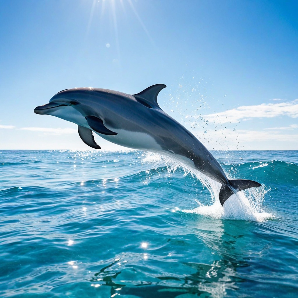 A playful dolphin mid-leap above crystal clear ocean waves,  dynamic motion,  vibrant blue water on Tensor.Art