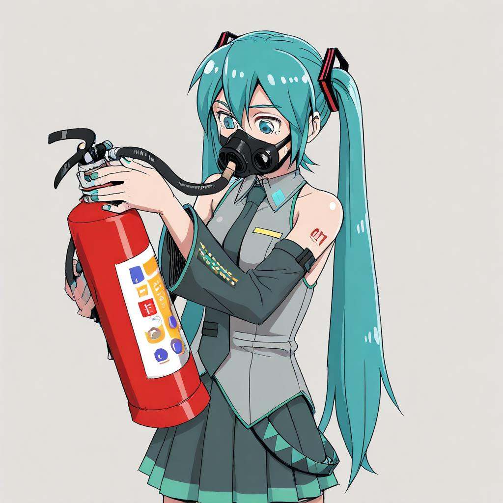vocaloid hatsune_miku itou_(onsoku_tassha) highres aqua_eyes aqua_hair bare_shoulders detached_sleeves fire_extinguisher f...