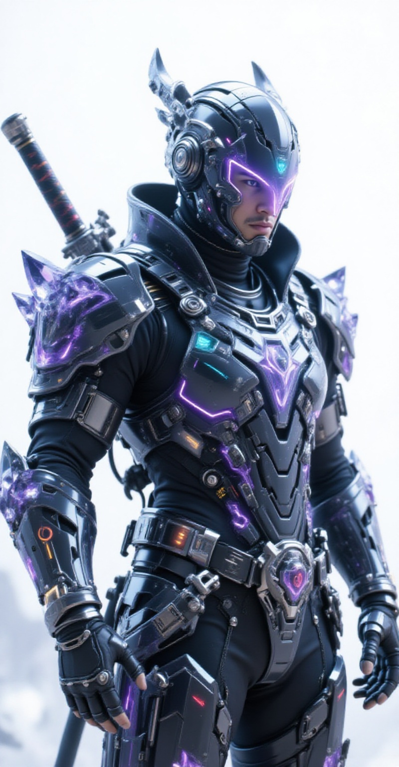 A close-up head-to-shoulder hyper-realistic poster-style image with studio lighting and depth of field. A futuristic male...