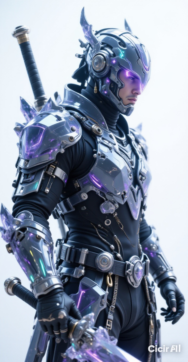 A close-up head-to-shoulder hyper-realistic poster-style image with studio lighting and depth of field. A futuristic male...
