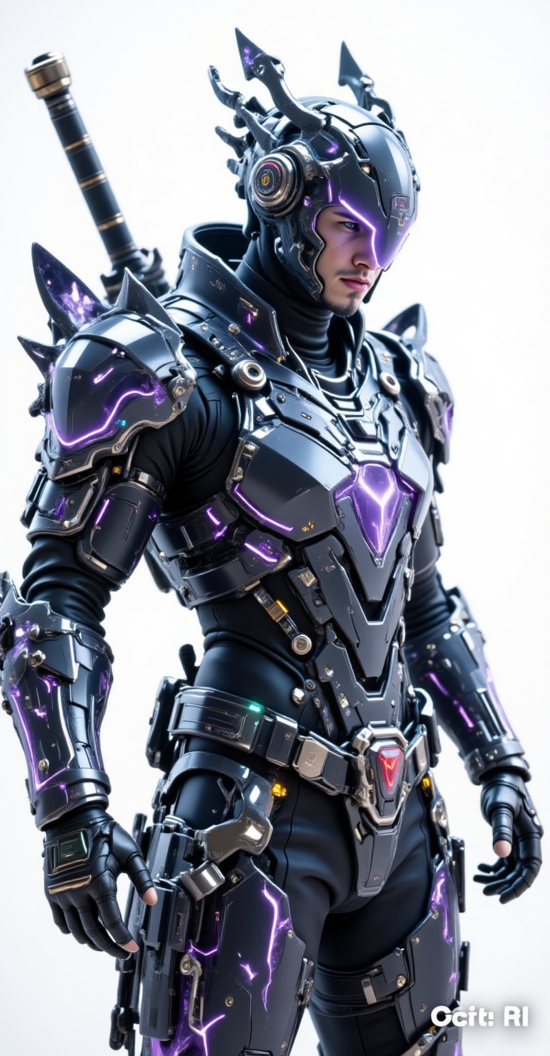 A close-up head-to-shoulder hyper-realistic poster-style image with studio lighting and depth of field. A futuristic male...