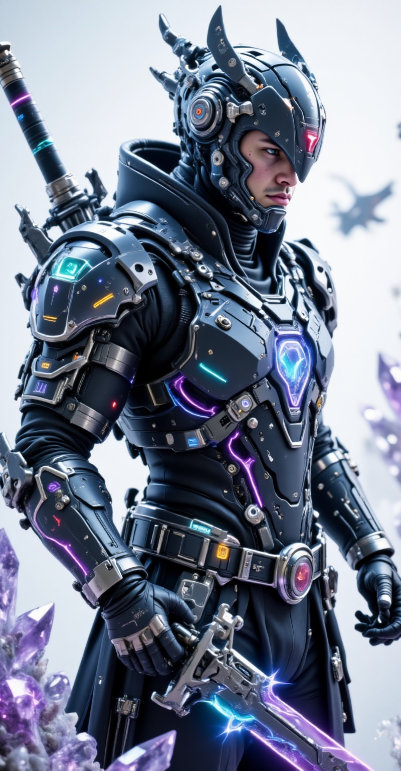 A hyper-realistic close-up head-to-shoulder poster-style portrait,  studio lighting,  depth of field. A futuristic male cy...