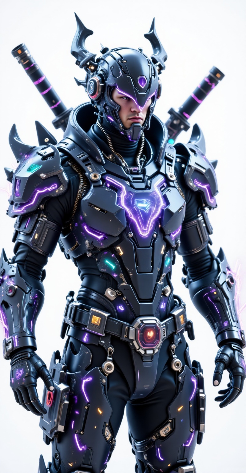 A close-up head-to-shoulder hyper-realistic poster-style image with studio lighting and depth of field. A futuristic male...