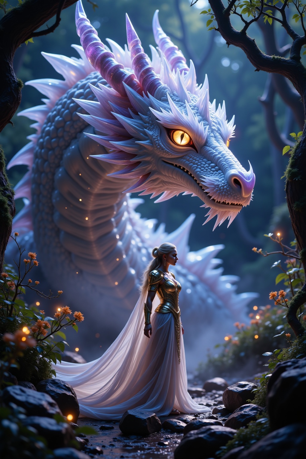 A dramatic and cinematic medium close-up side-angle portrait of a mighty dragon goddess standing in ethereal grace,  with...