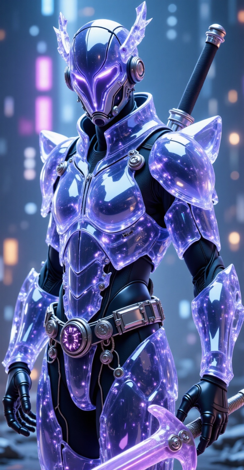 A hyper-realistic full body poster-style portrait,  studio lighting,  depth of field. A futuristic android soldier infused...