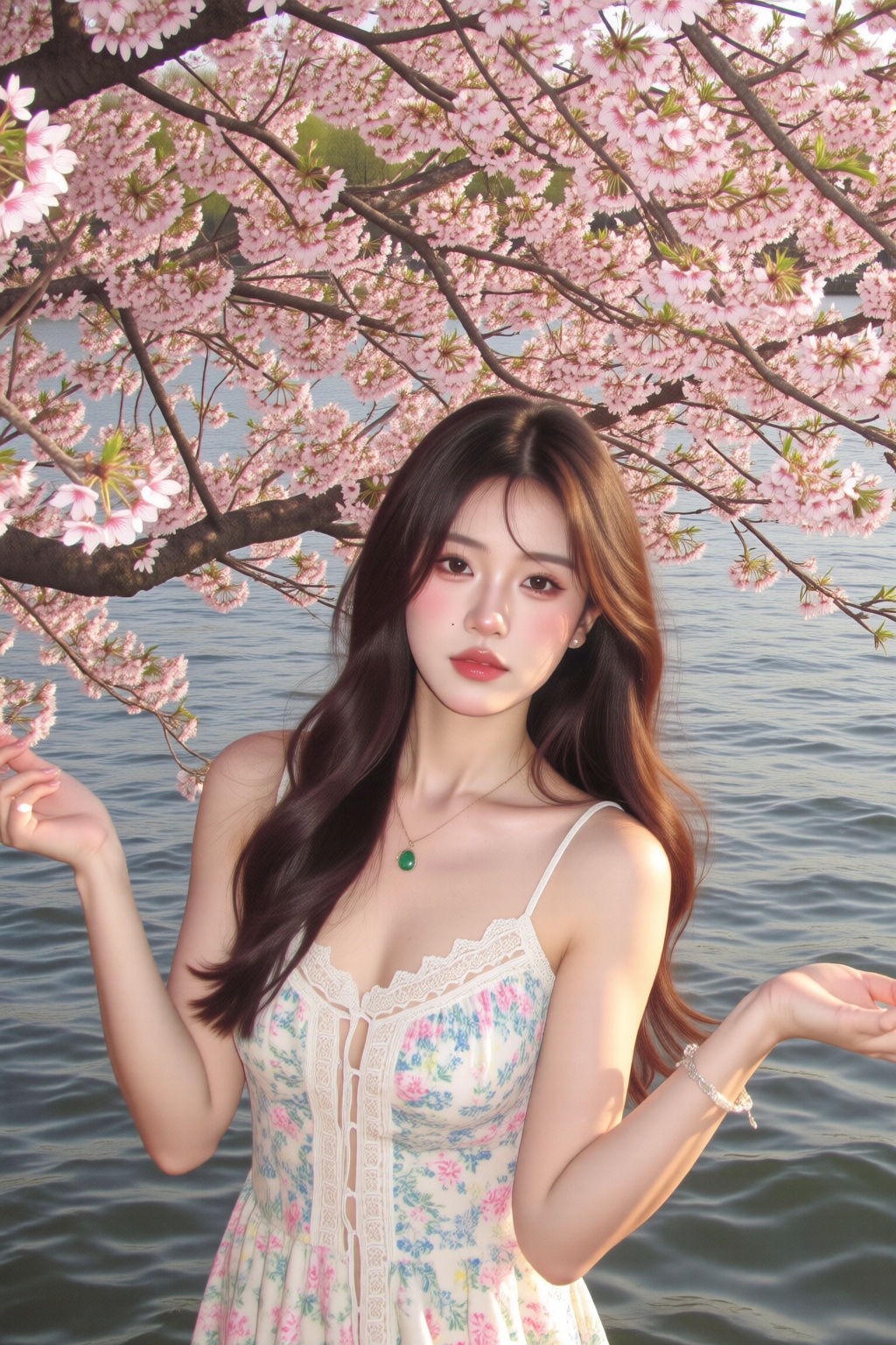 一个东方美女 该图像描绘了一个年轻的女人站在一个水中,  背景中有一棵美丽的樱花树。她穿着一件无袖连衣裙,  带有花卉图案和绿色的吊坠项链。她长长的波浪状头发被造型 on Tensor.Art