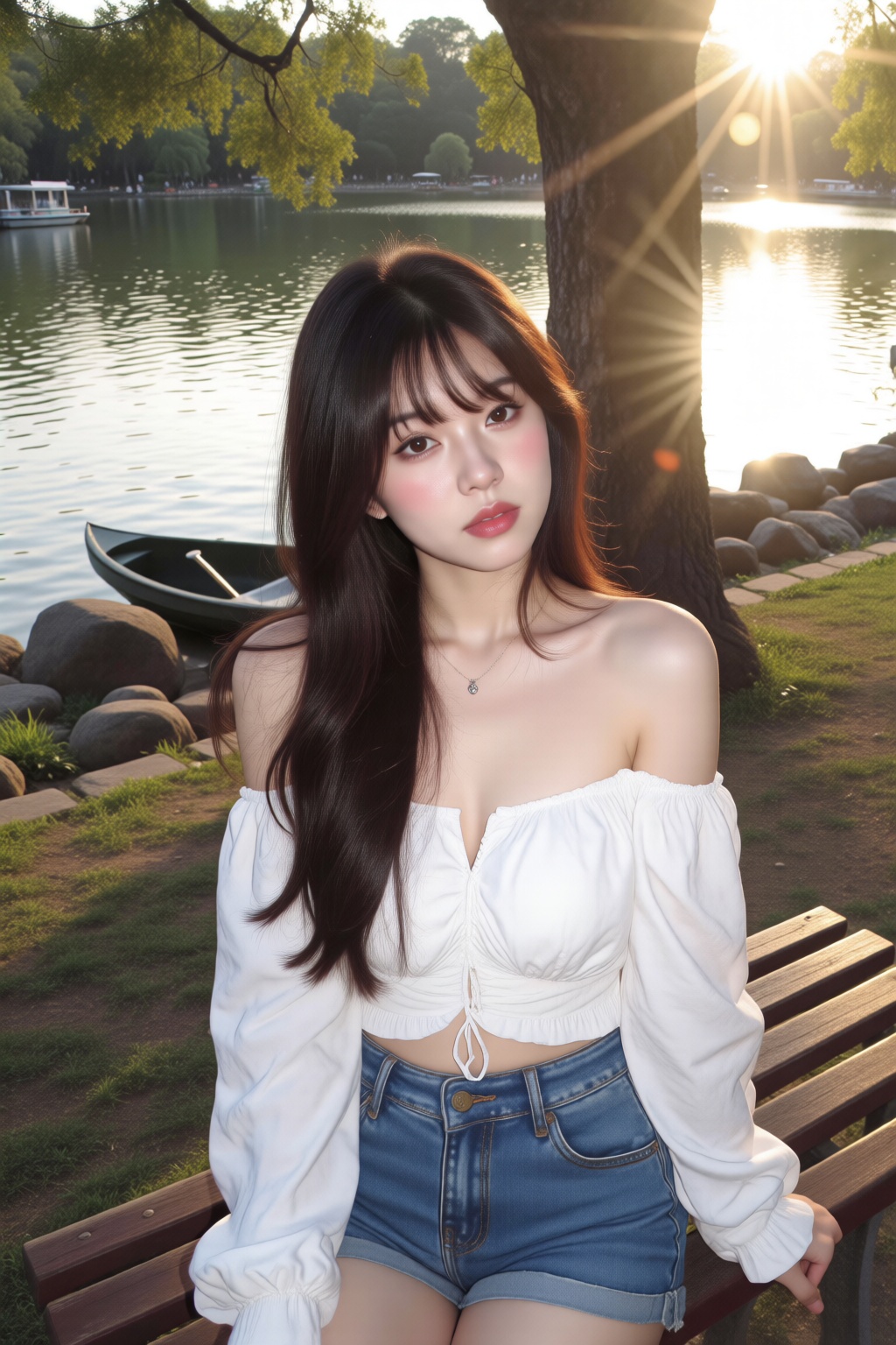 一个东方美女 该图显示了一个年轻女子坐在公园的木凳上。她穿着白色的露肩作物上衣和牛仔短裤。她长长的黑发被造型了,  她的项链有一条小的吊坠。背景设有一个宁静的湖泊,  在岸边附近有一条停靠的船 on Tensor.Art