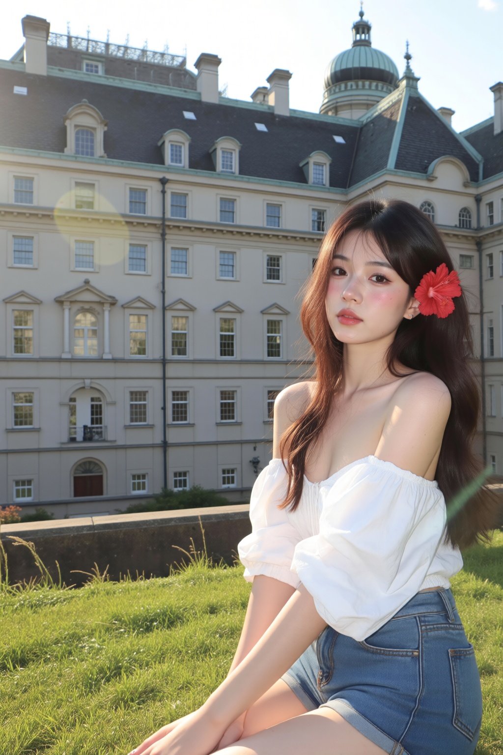 一个东方美女 该图显示了一个年轻女子坐在一座大型古典建筑前的草地上,  屋顶上有多个窗户和圆顶状的结构。她穿着白色的露肩作物上衣,  袖子和牛仔短裤。她的头发长而黑 on Tensor.Art