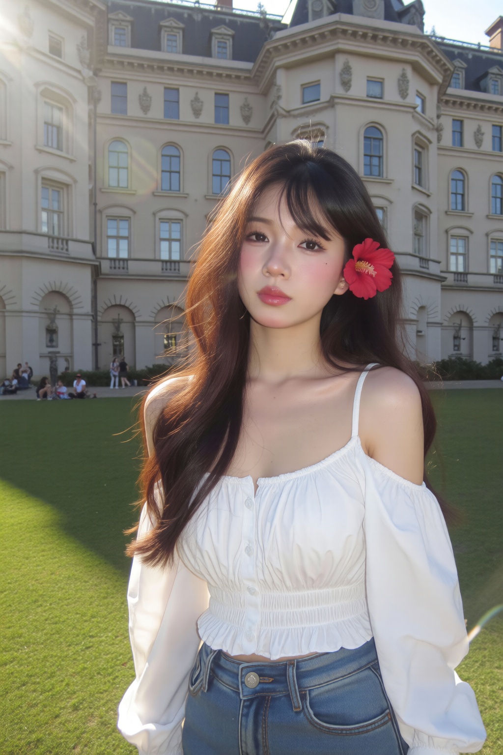 一个东方美女 该图显示了一个年轻女子在阳光明媚的日子里站在户外。她穿着一件白色的露出衬衫,  配有打褶的设计和蓝色牛仔牛仔裤。她长长的深色头发被造型,  她的左耳后面有一朵红花。背景设有一栋大型 on Tensor.Art