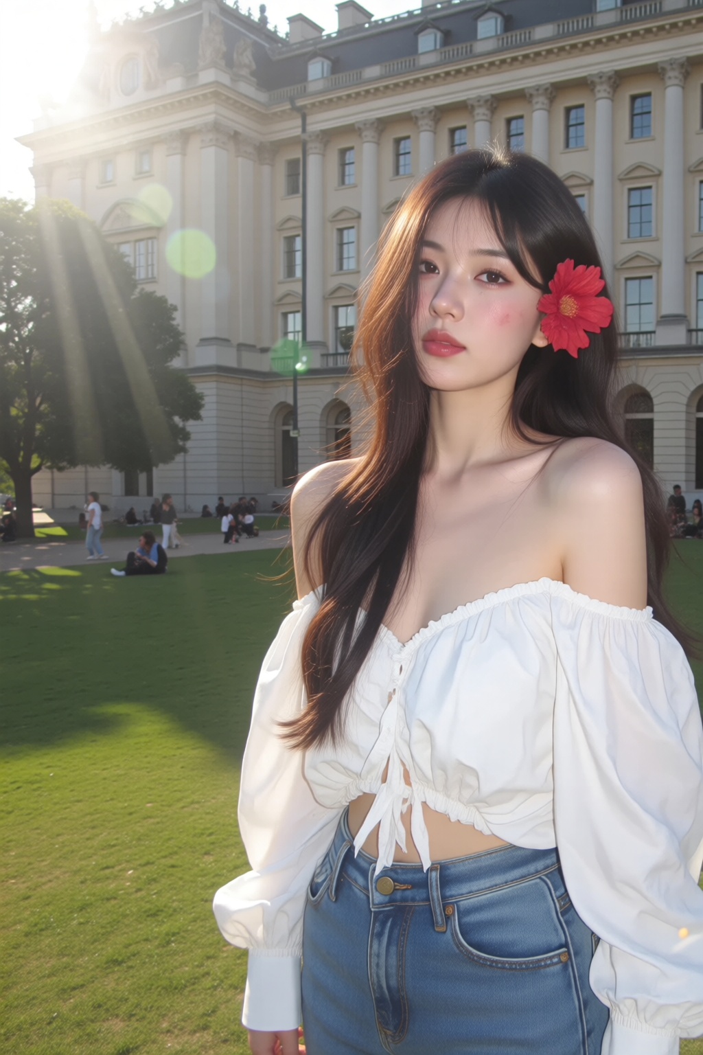 一个东方美女 该图显示了一个年轻女子站在一座大型古典建筑前的户外。她穿着白色的脱落式剪裁,  上面有蓬松的袖子和高腰蓝色牛仔牛仔裤。她长长的黑发造型是一朵红色的花朵,  藏在耳朵后面。背景设有一个维护良好的草地区域 on Tensor.Art