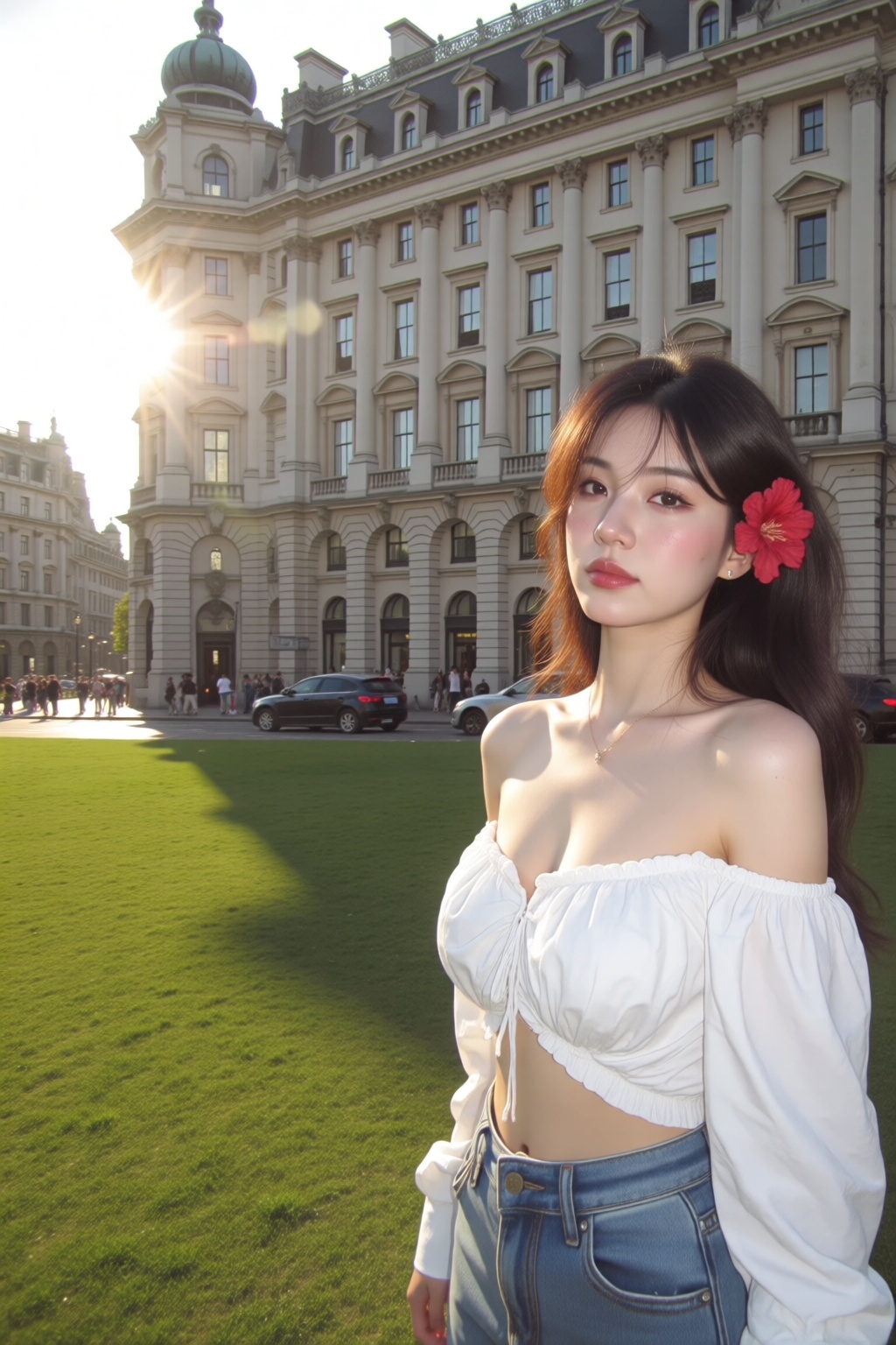 一个东方美女 图像显示,  一个年轻的女人站在大型华丽的建筑物前的草地上。她穿着白色的露肩作物上衣和高腰牛仔牛仔裤。她的头发长而黑,  头发上有一个红色的花配件。她身后的建筑物是宏伟的 on Tensor.Art