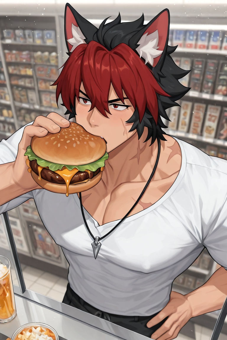 komato-5th_1male focus,  black-red-white_komato_animal ears,  red-black_komato_hair on Tensor.Art