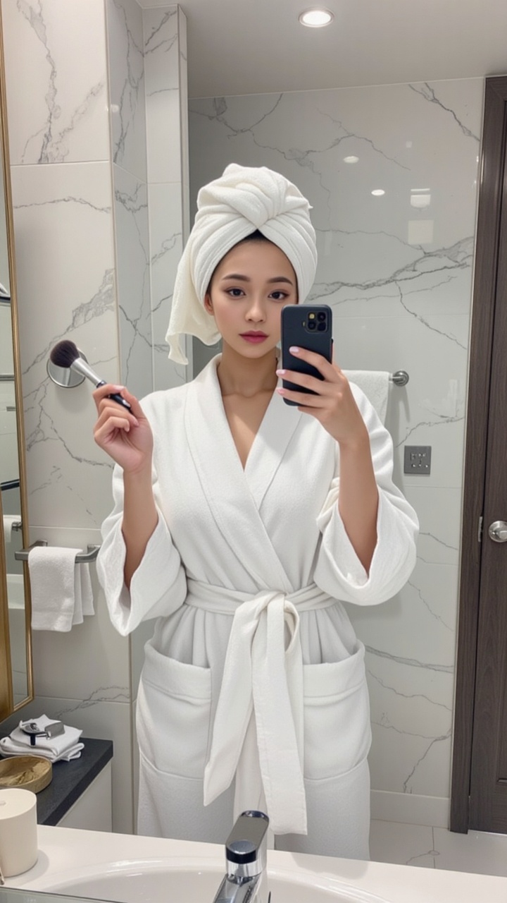 Realistic fashion portrait,  influencer woman taking selfie in bathroom mirror,  marble walls on Tensor.Art