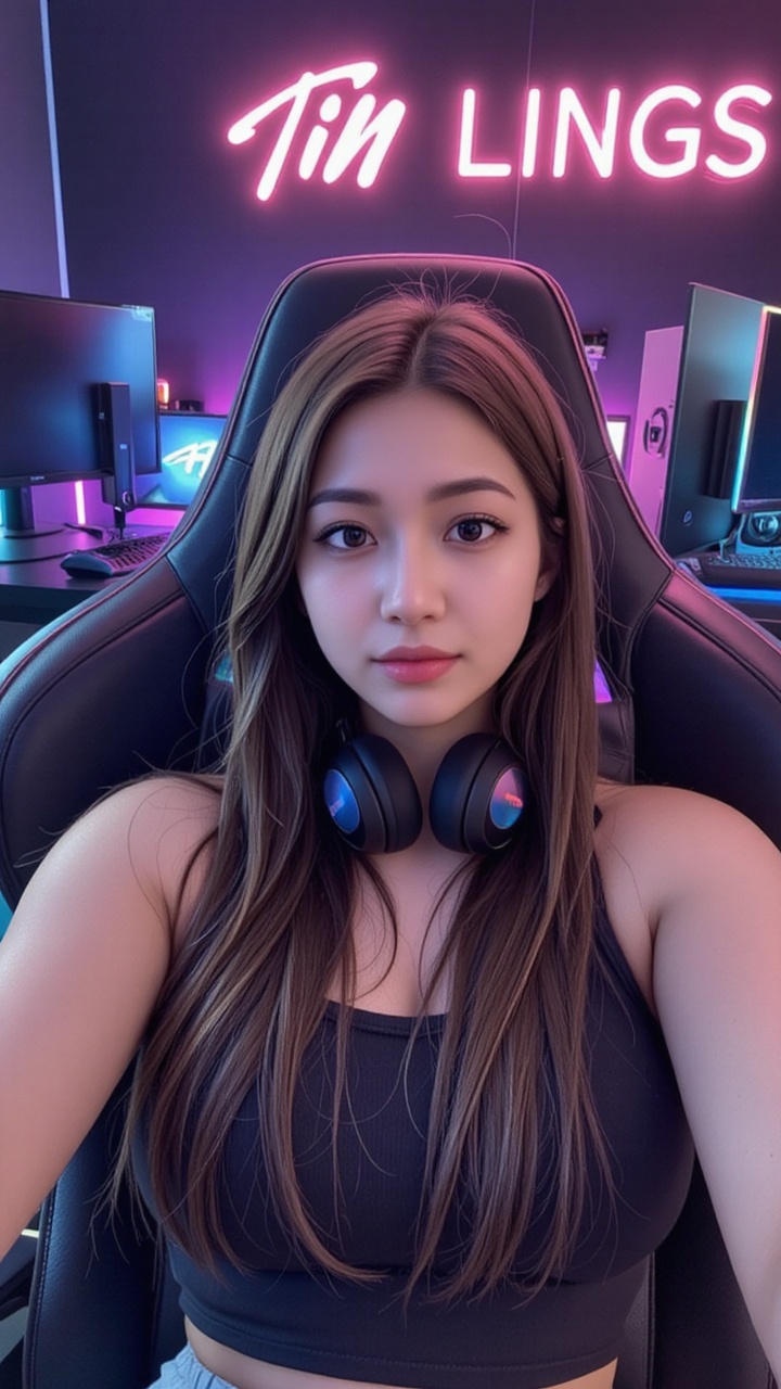 Photorealistic influencer selfie,  young woman sitting in gaming chair,  colorful RGB lights glowing in background on Tens...