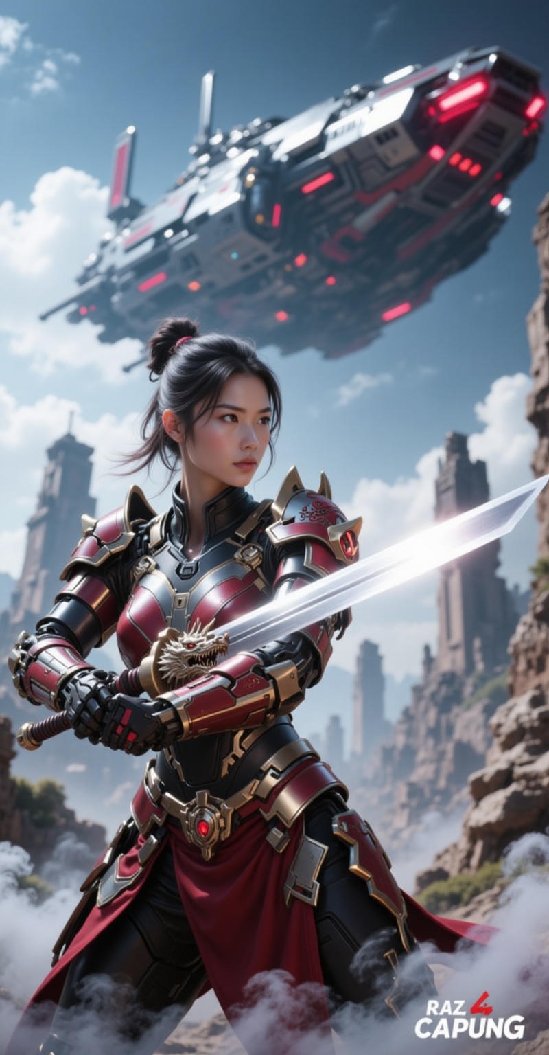 Prompt Captured in a low-angle shot,  a female warrior,  dressed in a red and black outfit on Tensor.Art