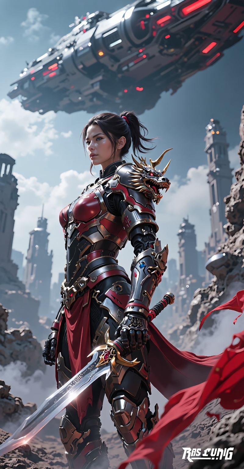 Prompt Captured in a low-angle shot,  a female warrior,  dressed in a red and black outfit on Tensor.Art